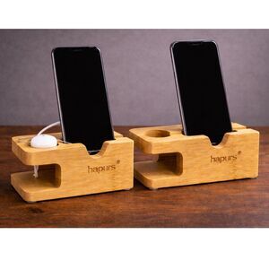Set of 2 Bamboo Phone Charging Dock Stand Minimalist Wood Apple Watch Holder